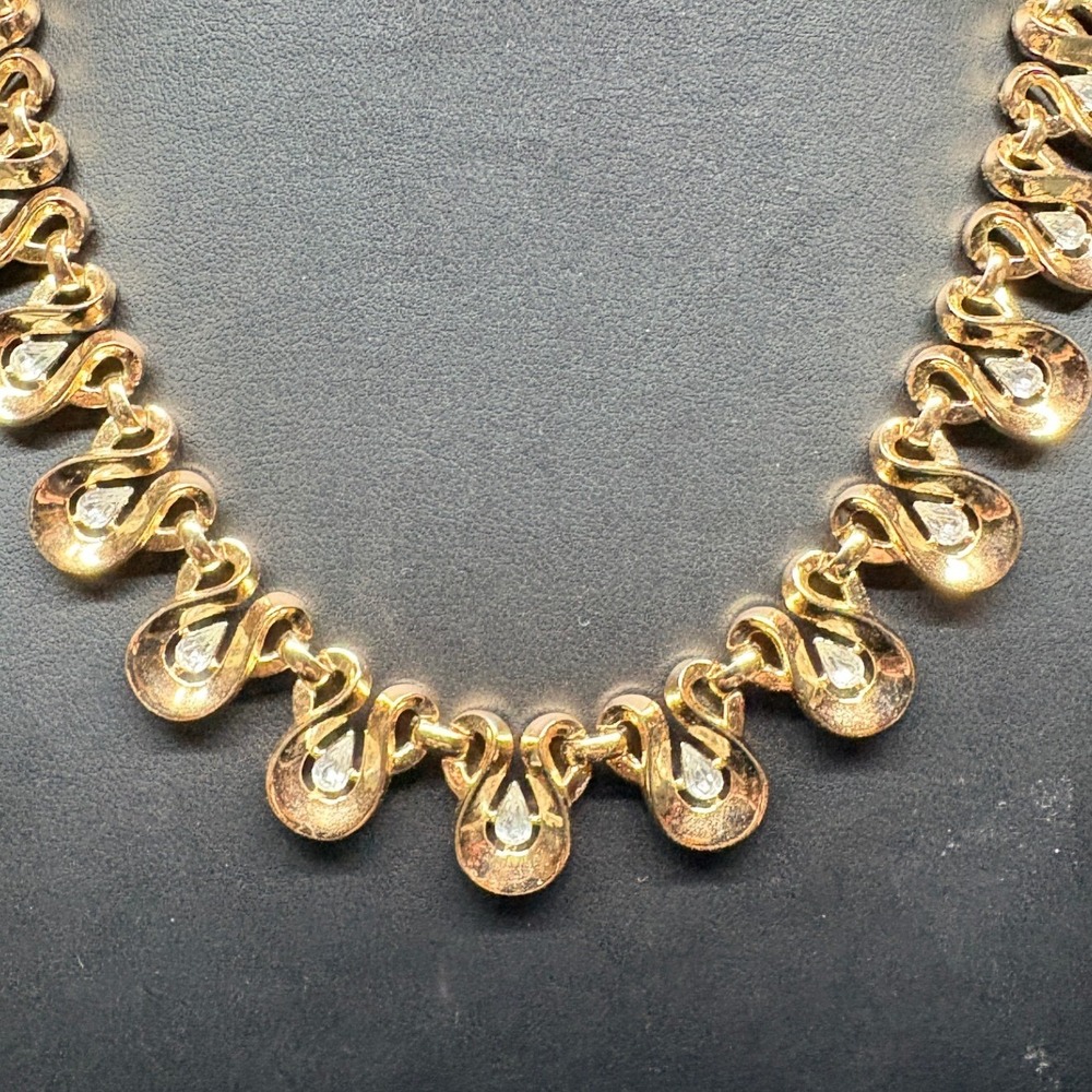 Trifari Gold Tone Teardrop Necklace with Rhinestones Choker Style